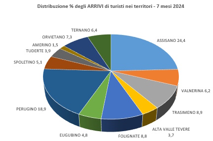 Grafico con la distribuzione percentuale degli arrivi di turisti nei territori nei 7 mesi 2024