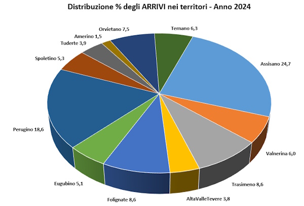 Grafico della distribuzione percentuale degli arrivi di turisti nei territori nel 2024